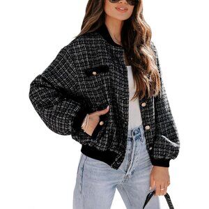Womens Black Fashion Plaid Jacket 2024 Fall Winter Button Short Cropped Trendy